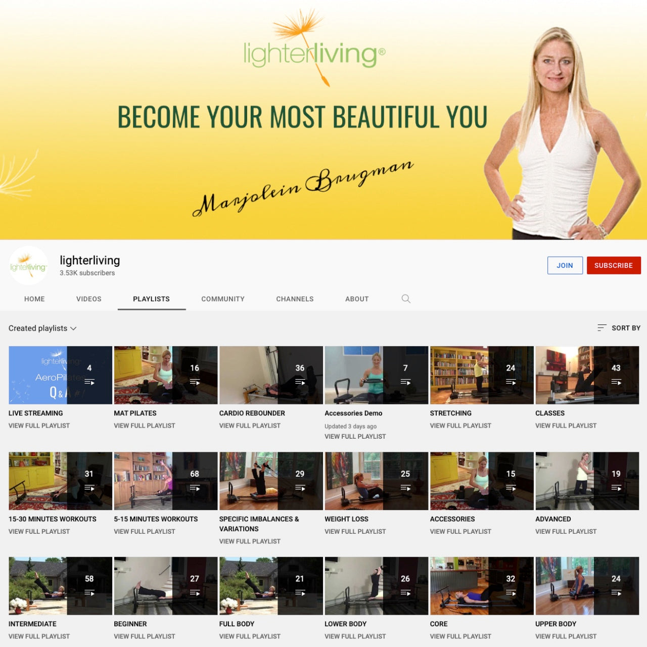 Marjolein's YouTube video club page showing many of the available workout videos. 