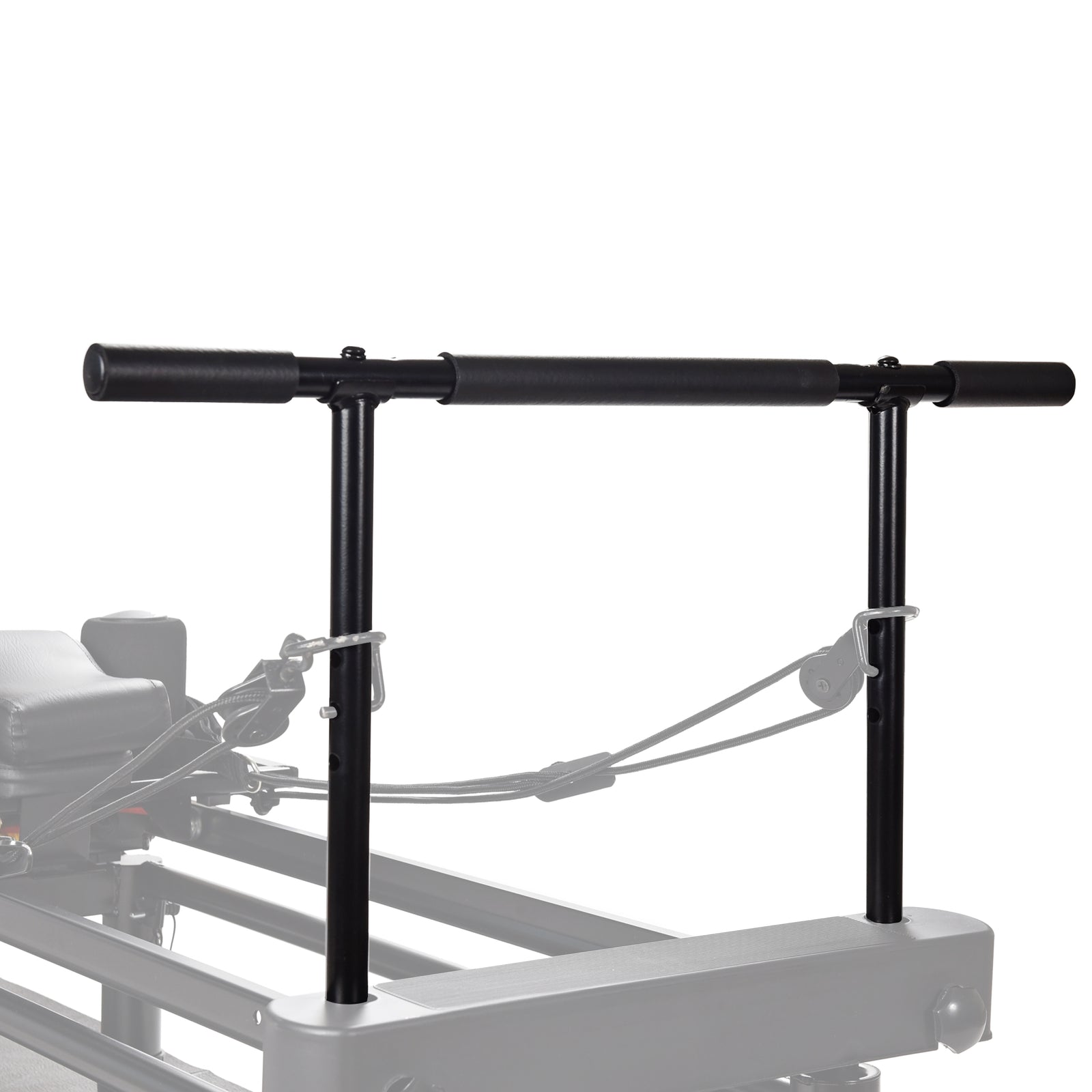 A close-up of the AeroPilates Pull-Up Bar, a black attachment with padded handles for upper body workouts, shown mounted vertically on an AeroPilates reformer frame against a white background.