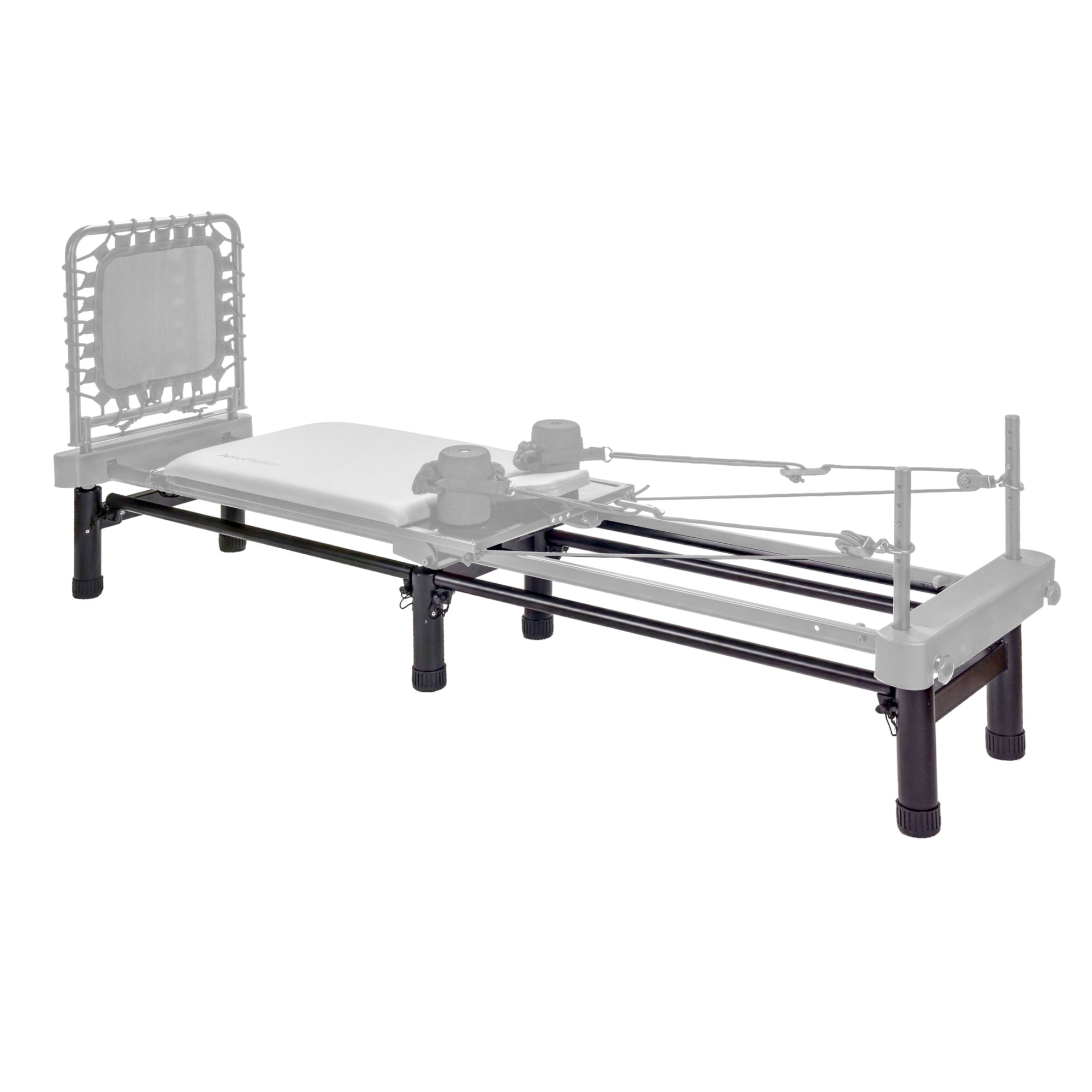 The AeroPilates Stand for Aeropilates Reformers - Medium is shown in black and white with raised support legs and adjustable cords. Its partially transparent design highlights the machine’s structure and Pilates support stand. No people are using it.