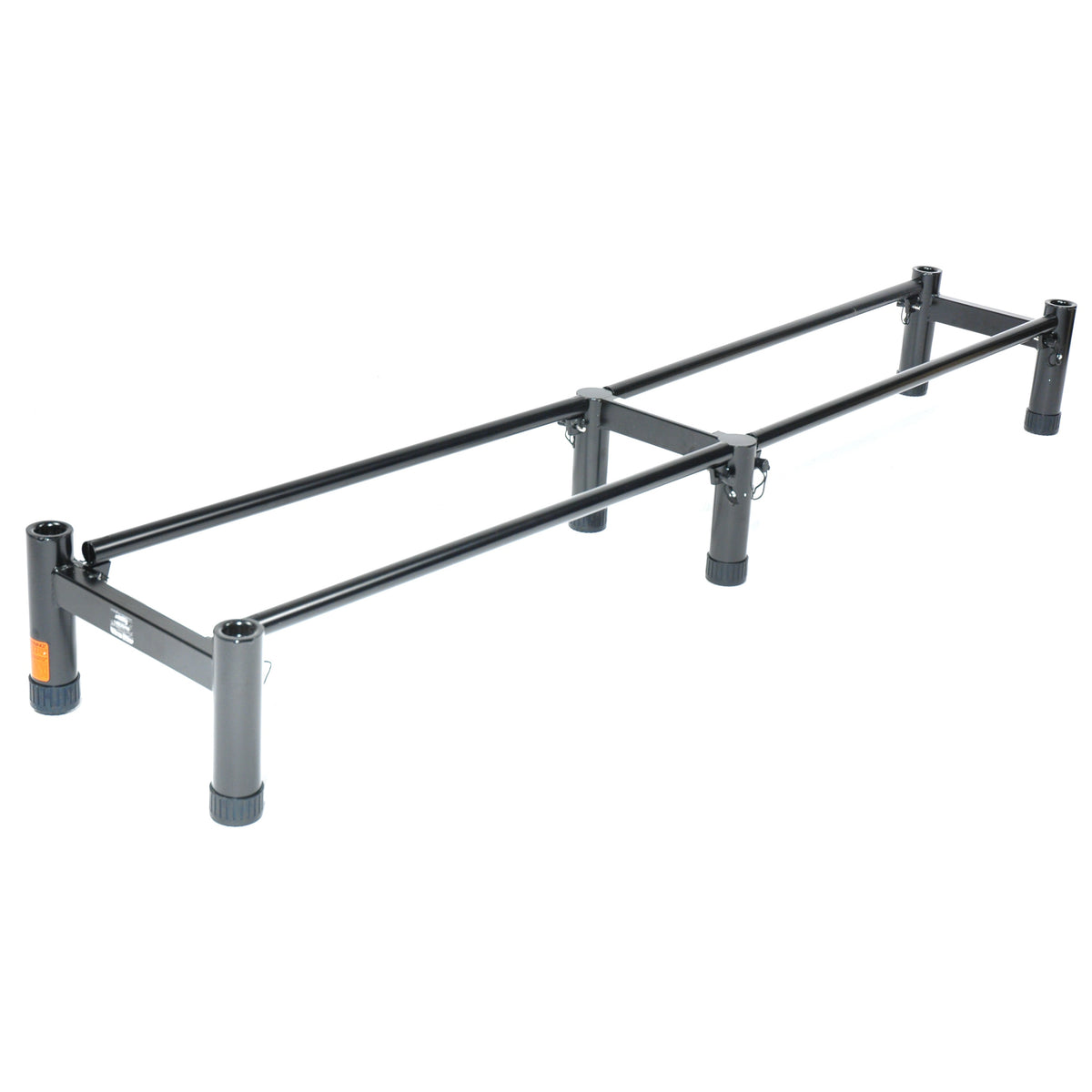 The AeroPilates Stand for Aeropilates Reformers - Large is a black, rectangular metal frame with four adjustable legs, perfect for elevating your Pilates reformer or supporting equipment. Shown here against a white background.