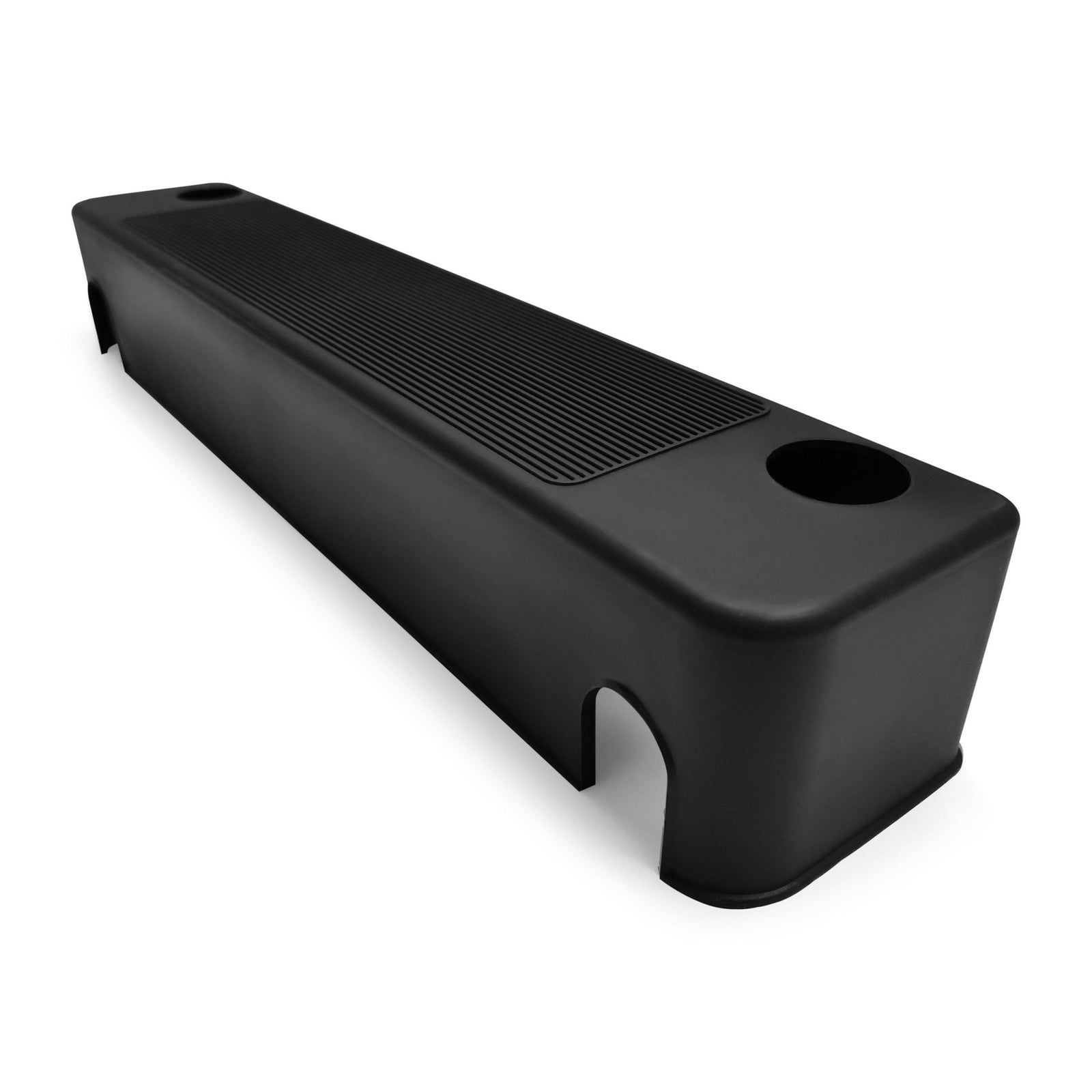 The AeroPilates End Cover (Rear) for Reformer 435 is a black plastic bench with a ribbed seat, cup holder, and end cut-outs—ideal as a replacement part. Shown here on a white background.