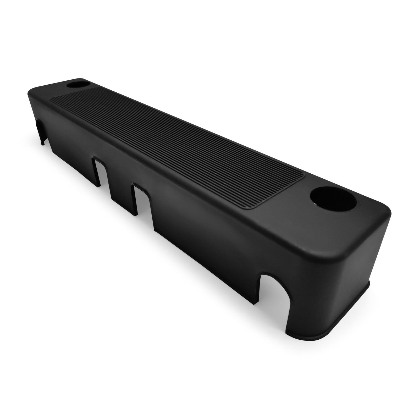 The AeroPilates End Cover (Front) for reformer 435 is a black, rectangular plastic part with three arch cutouts, two cup holders on the corners, and a textured top—ideal as a replacement piece for your AeroPilates equipment.
