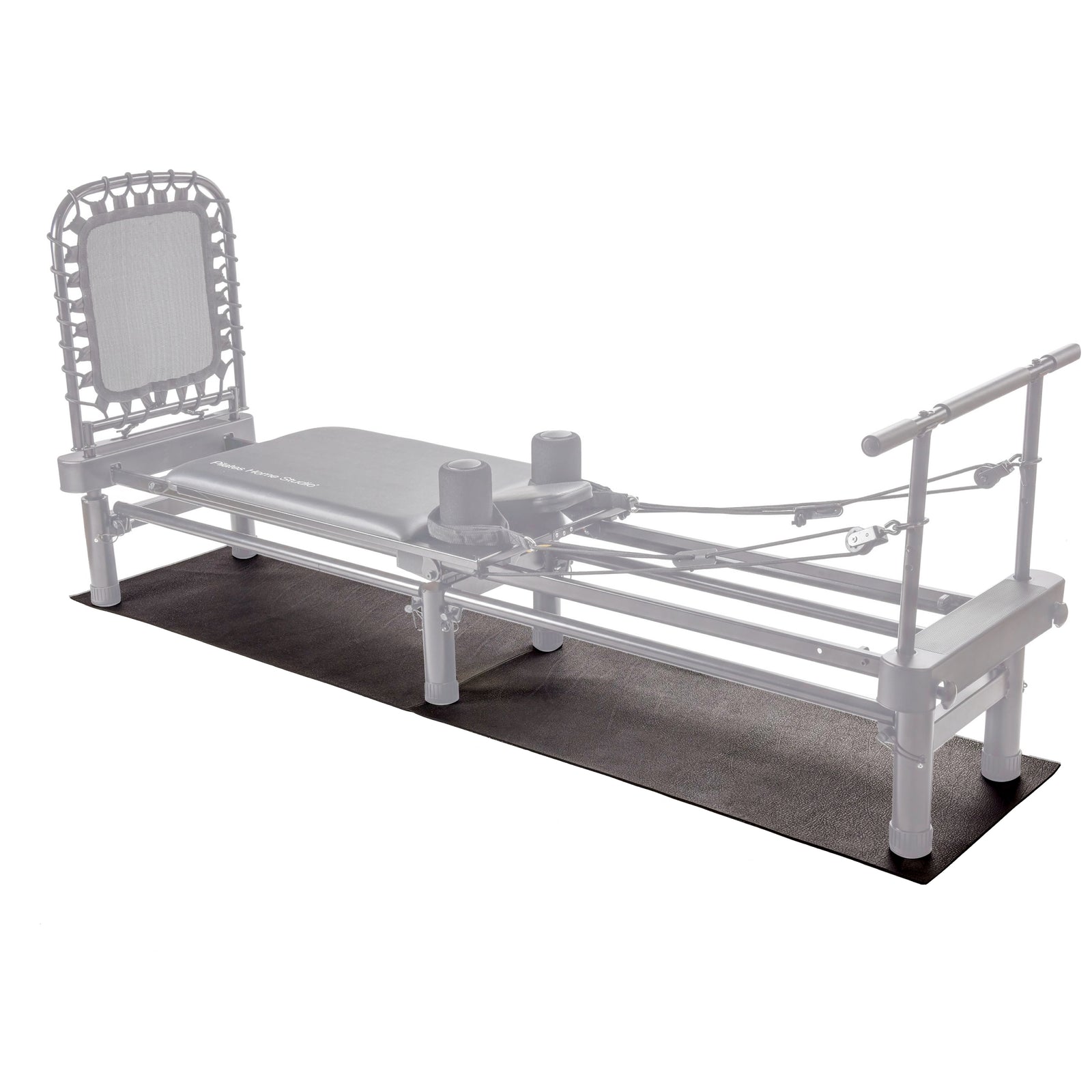 The AeroPilates Reformer Mat provides a black, non-slip protective surface under your AeroPilates reformer, keeping floors safe while you exercise. Perfect for use with machines featuring cushioned platforms, resistance cords, and sturdy frames.