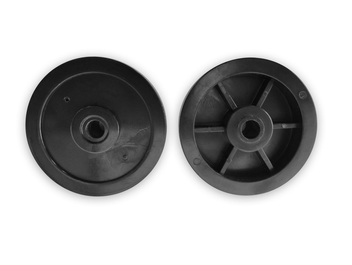 Two AeroPilates Plastic Rollers (set of 2) are displayed side by side: the left roller has a smooth face; the right features a spoked design with a central hub. Ideal replacement parts for AeroPilates reformers.